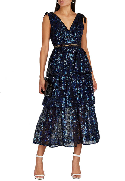 Self Portrait Blue Sequins Tiered Midi ...